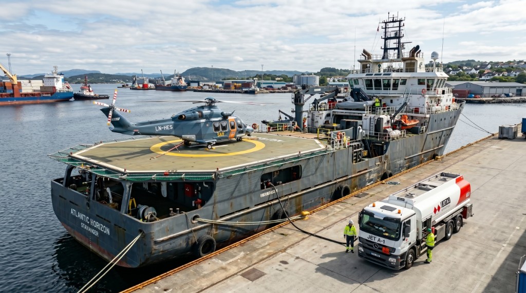 Jet A-1 罐车在港为船舶加油，直升机在起降区