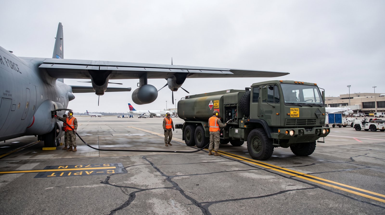 Military fuel truck refueling C-130 aircraft on tarmac