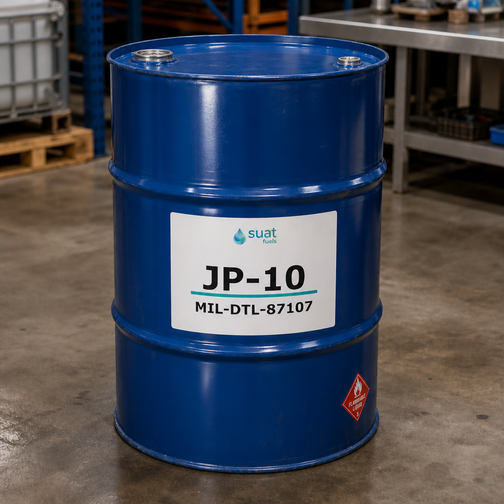 JP-10 high-density fuel in ISO tanks at port — 54 USG drum