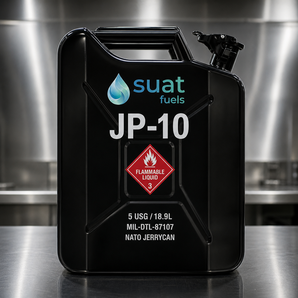 JP-10 high-density fuel in ISO tanks at port — 5 USG pail
